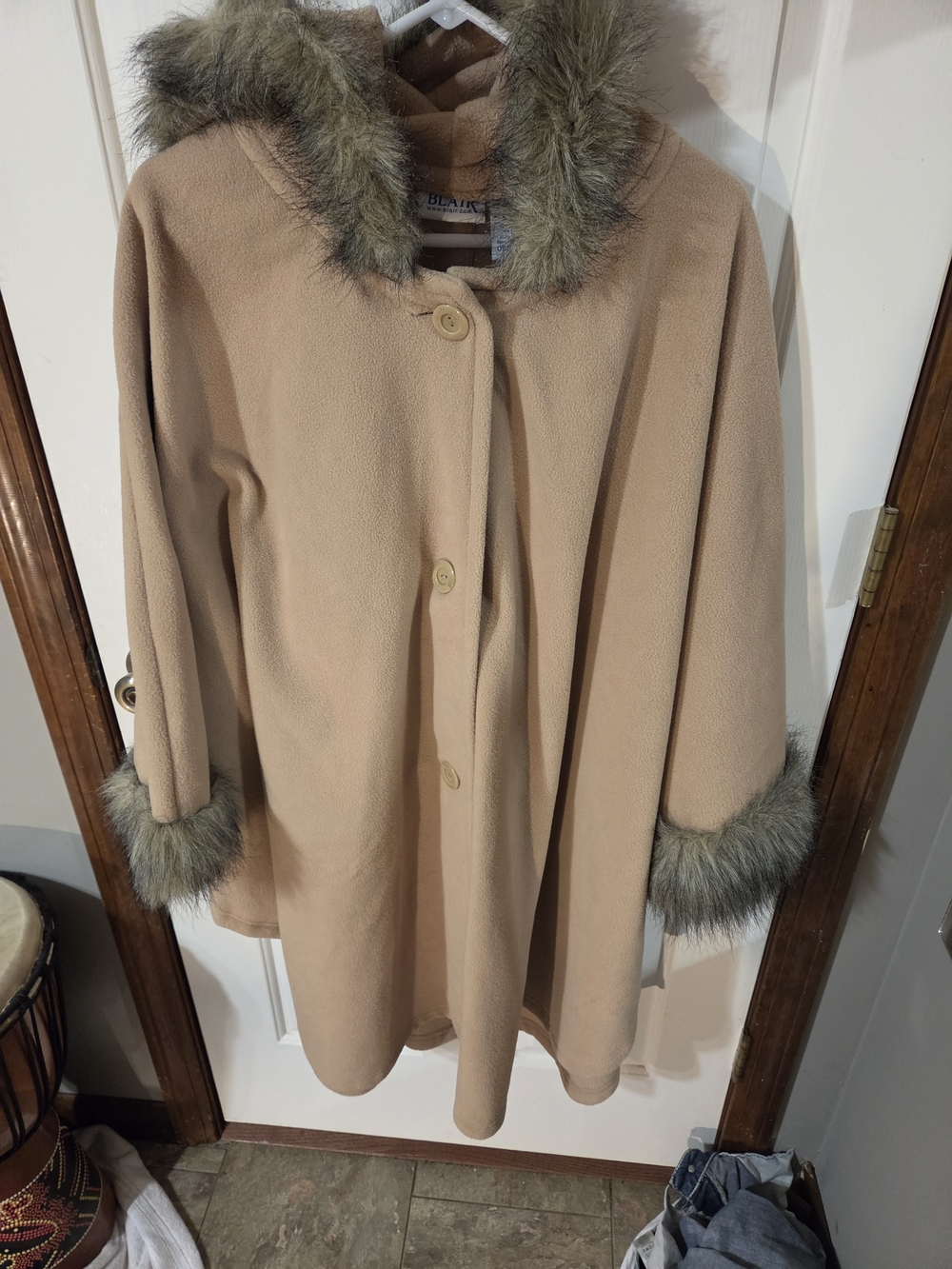 Blair Camel Beige Cape Coat with Faux Fur Trim